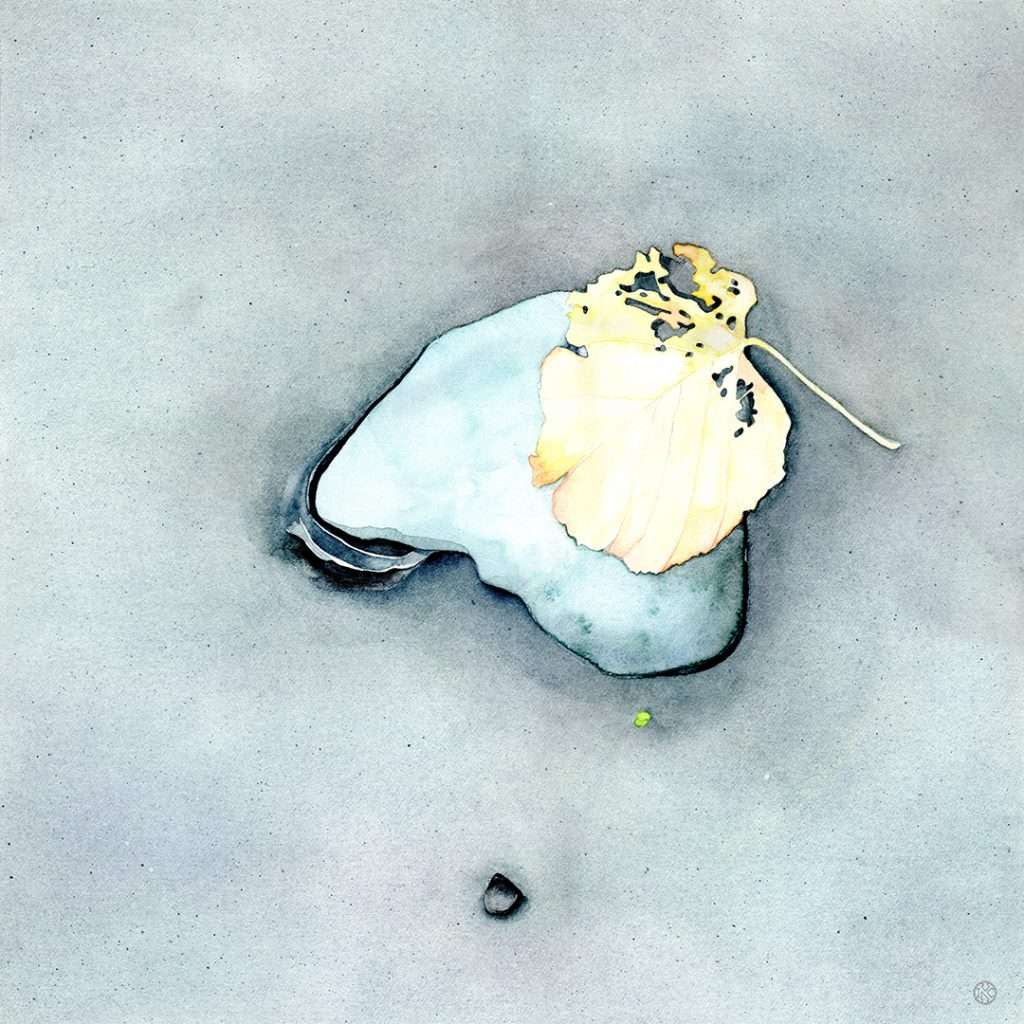 River Divination No. 5 Devotion watercolor of blue stone on the sandy river shore with a yellow autumn leaf draped over it as if in an embrace