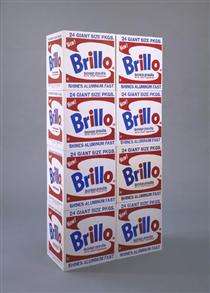eight stacked and in two columns Brillo box sculpture by pop artist Andy Warhol