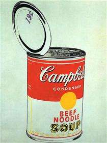 painting of an open Campbell’s Soup beef noodle can for 19 cents by Andy Warhol, 1962