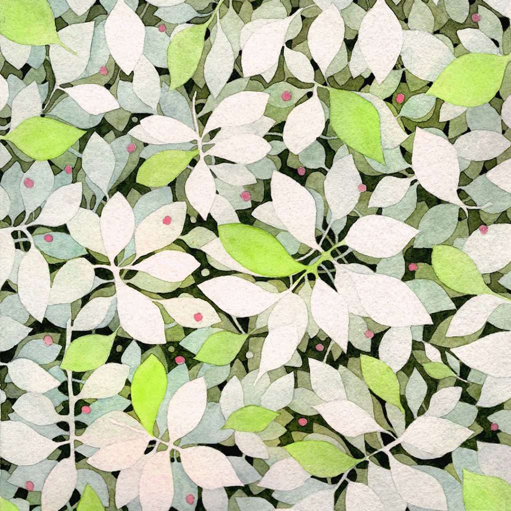 delicate layered leaf pattern 8 x 8-inch watercolor in blue green, bright green, forest green with pink dot accents