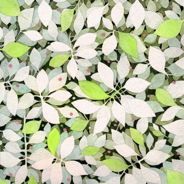 delicate layered leaf pattern 8 x 8-inch watercolor in blue green, bright green, forest green with pink dot accents