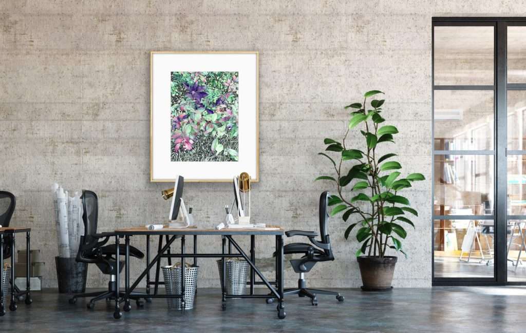 large highly detailed watercolor of dogwood in autumn in light pine frame with generous sized white mat hanging on a stone wall in a modern office setting