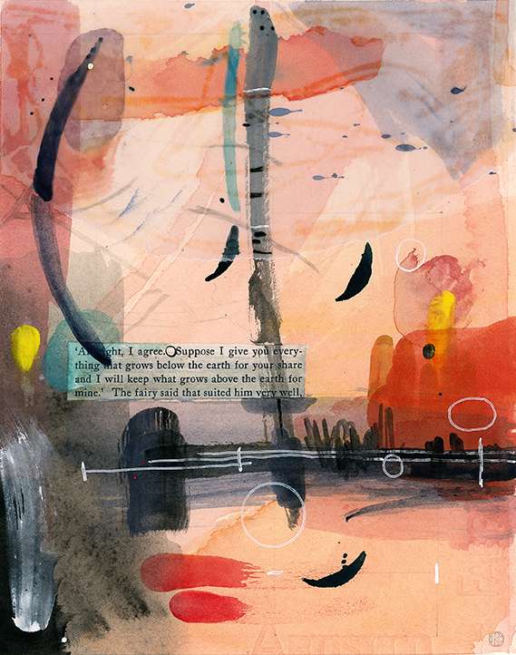 pink, coral, reds, yellow, black, white with turquoise green accents gauche abstract painting with four lines of story book text about a deal struck between a farmer and a fairy