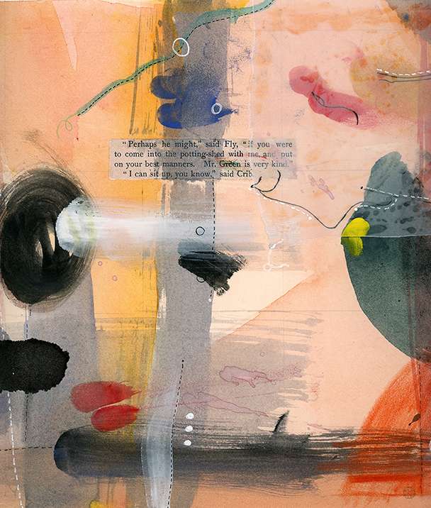 multi-colored bright and bold gauche abstract painting with four lines of children’s story book text about manners and kindness.
