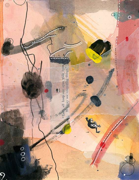 8 x 10-inch multi-colored gauche abstract painting and collage with children’s book text and falling clip art frog