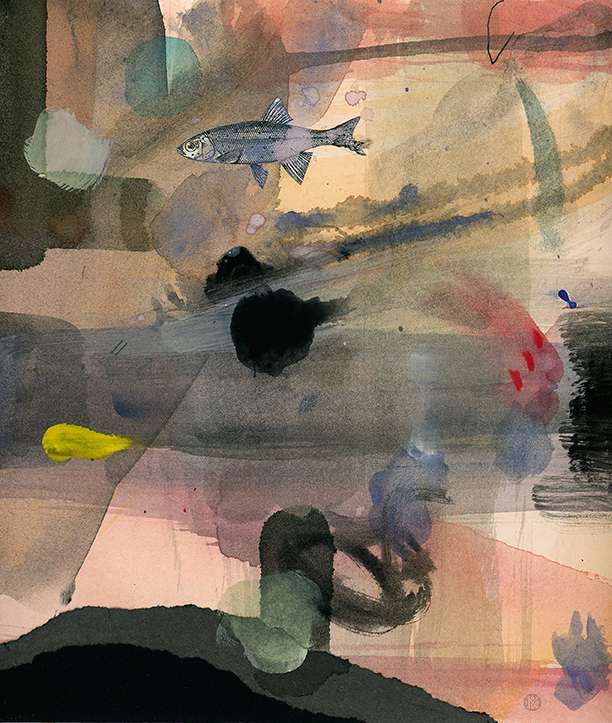 8 x 10 inch multi muted color gauche abstract painting ominous in feeling as a cut out clip art illustration of a lake trout swims in the murky colors.