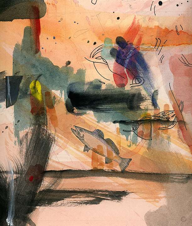 bright and black multi-colored gauche abstract painting with pen marks and a large fish cut out illustration leaping through the composition.