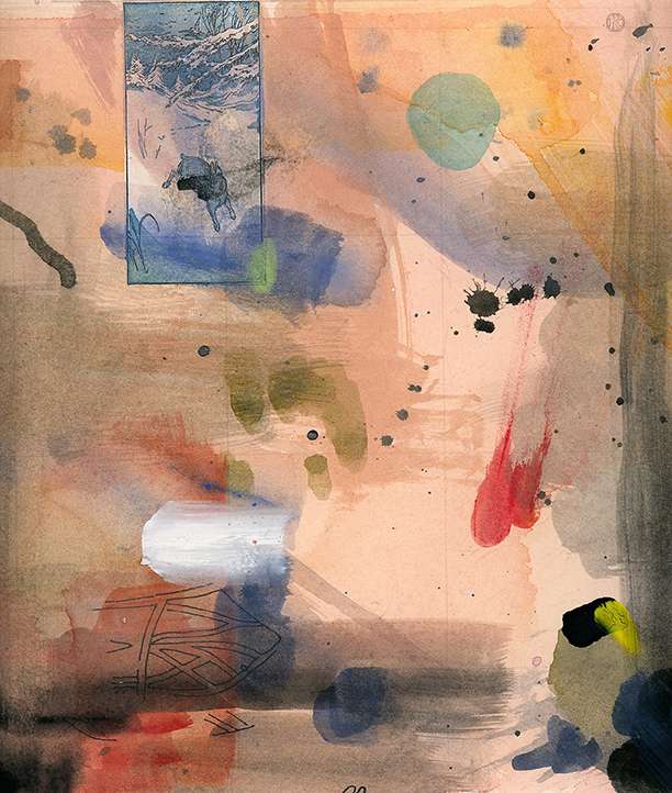 lively multi-colored gauche abstract painting experiment with pasted illustration of a rabbit running through the snow