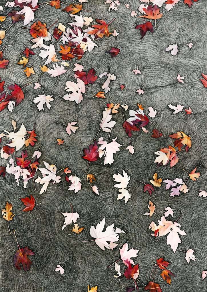 Large vertical watercolor and ink painting of scattered autumn maple leaves on a suburban sidewalk painted in pink, orange-reds, and russet. 2024 © Kristin Maija Peterson